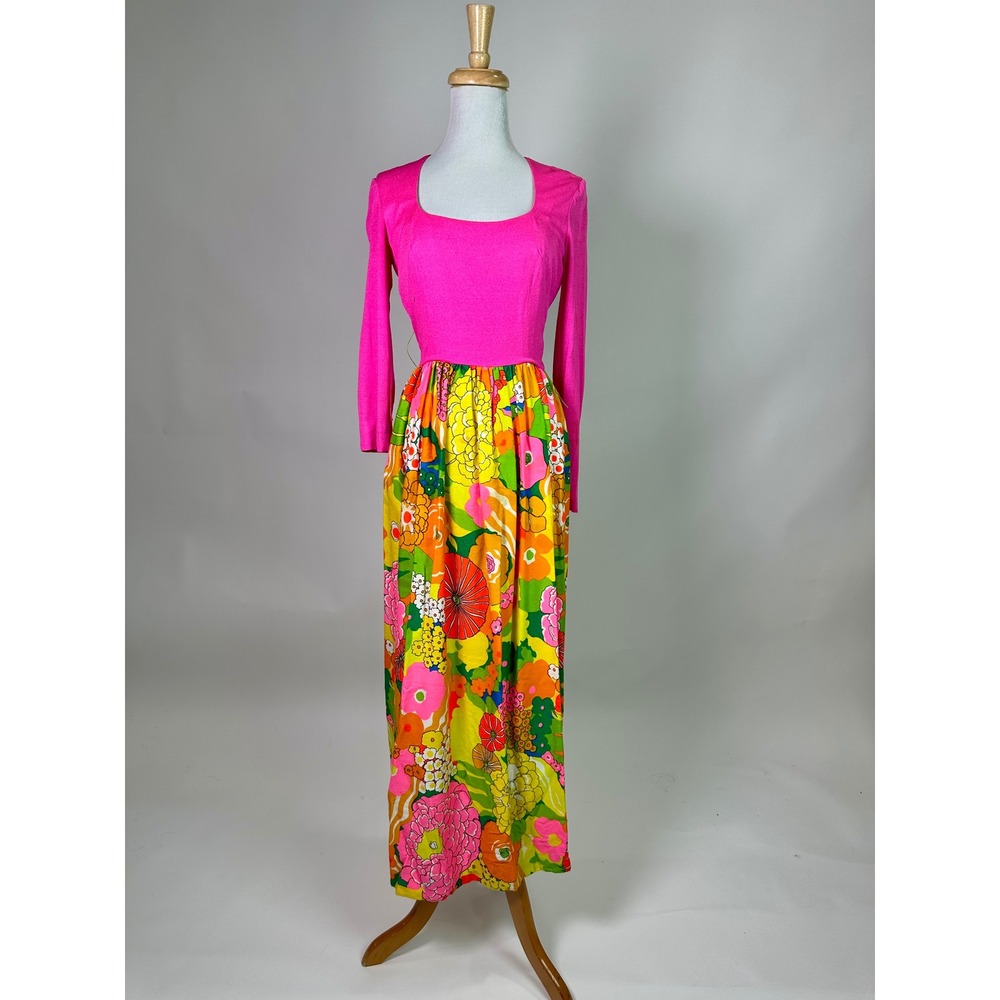 Vintage 1960s Pink Floral Maxi Dress Mod Psychedelic Long Sleeve Retro 60s - Picture 3 of 10